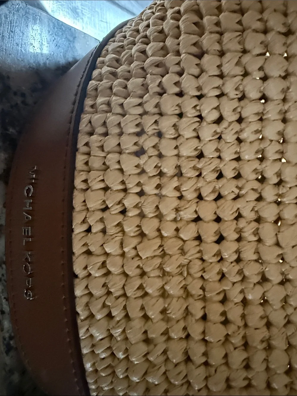 Michael Kors Tan Woven Straw Messenger Bag with Brown Leather Trim